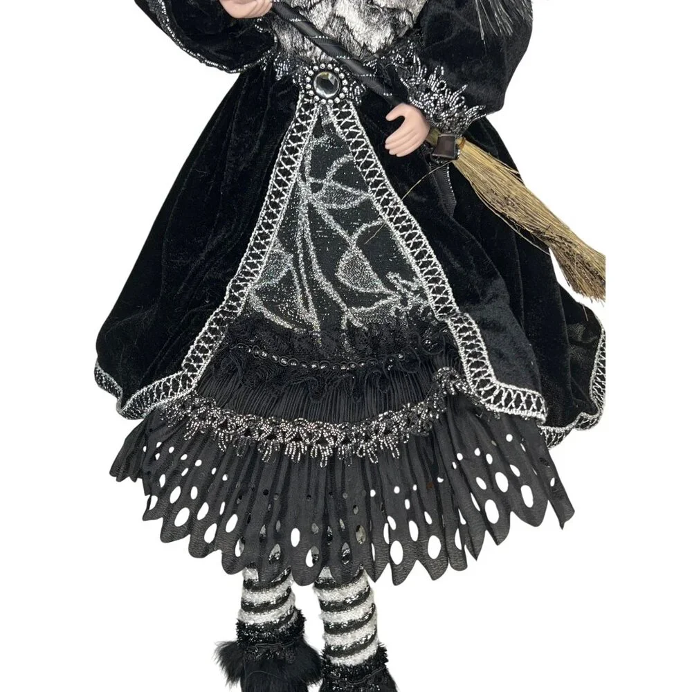 Porcelain Witch Doll Black Silver Velvet Dress Broomstick Halloween Collectible